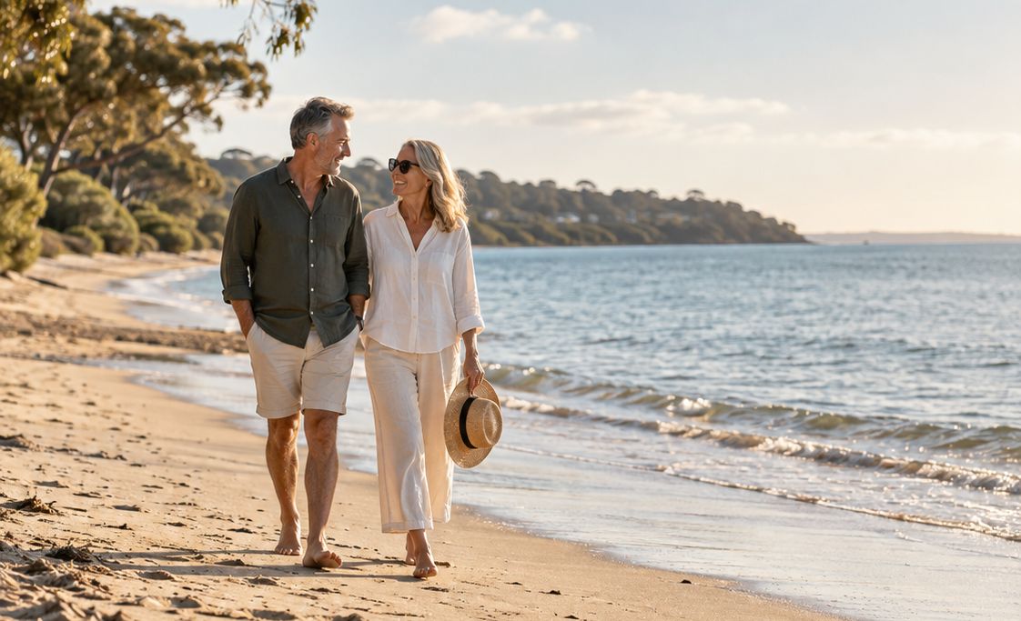 A couple walking along a calm bay beach lined with coastal trees in late-afternoon light.