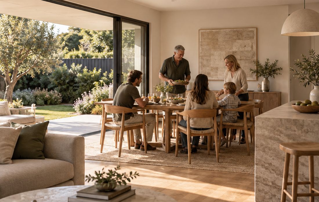 Open dining room with family around a timber table, the garden visible through wide sliding doors.