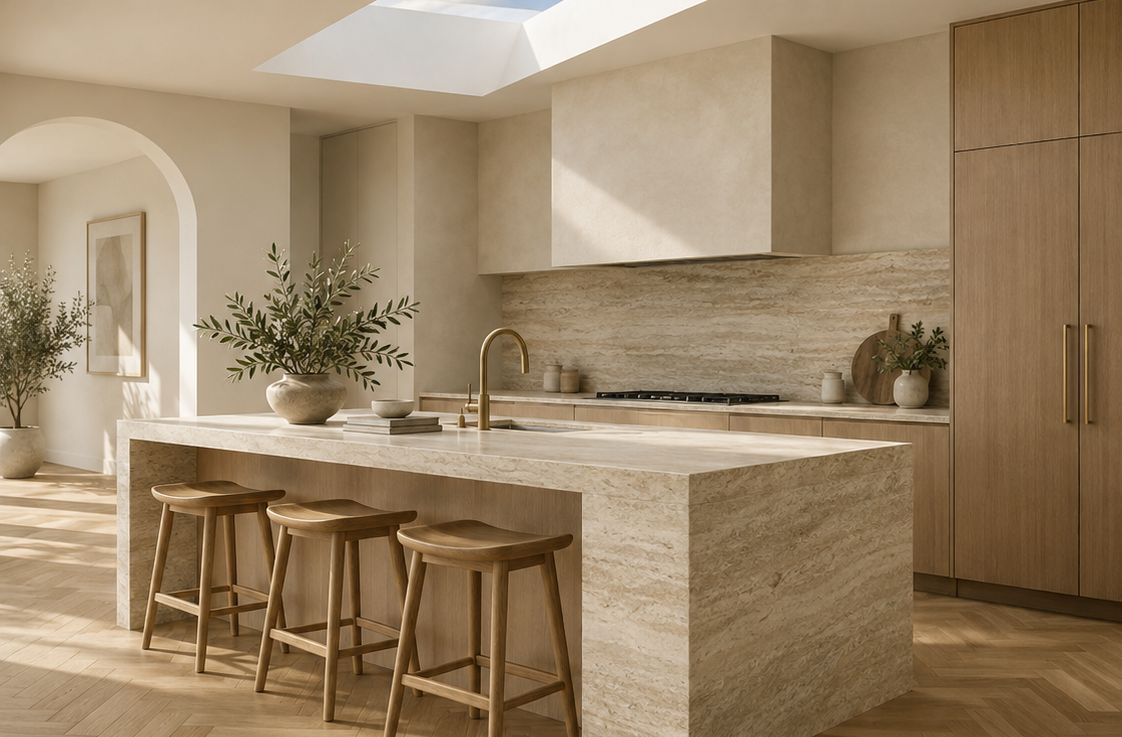 Kitchen with a travertine island, timber joinery, a brass tap and a skylight overhead.